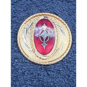 Vintage Kramer Enamel‎ Brooch Red Gold Tone Etched Signed Unique